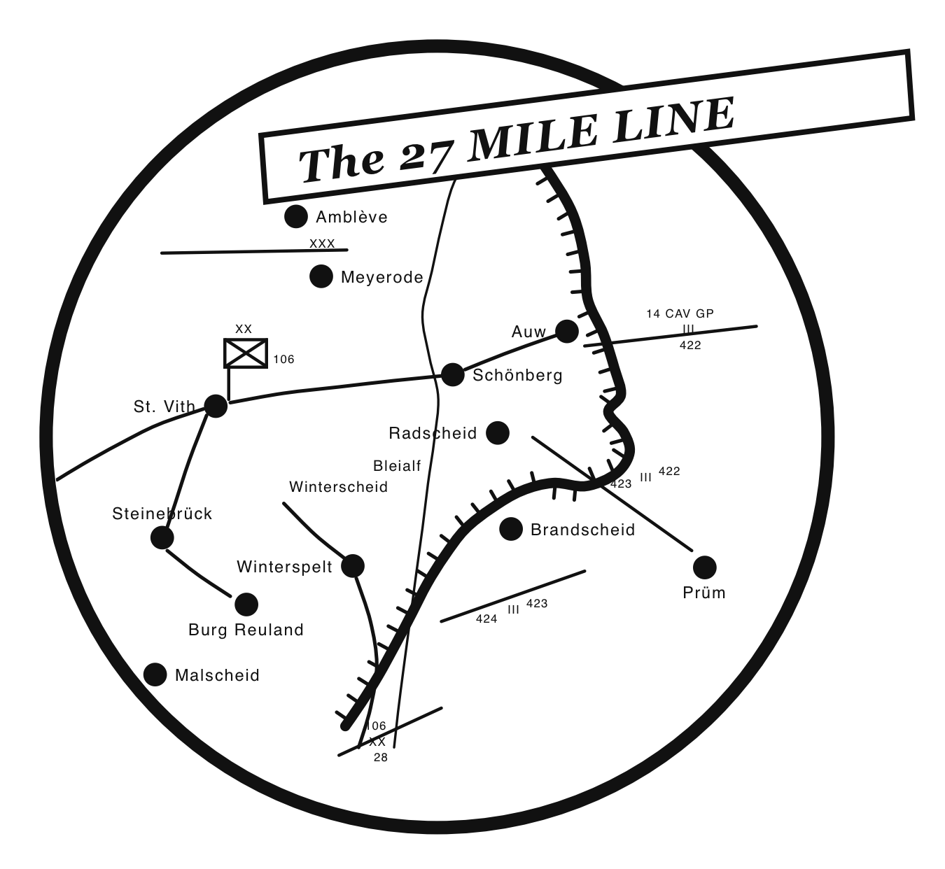 Map of the “27 Mile Line” defensive area around St. Vith, Belgium, showing the town of St. Vith and the surrounding villages along the American defensive front, with unit positions marked.
