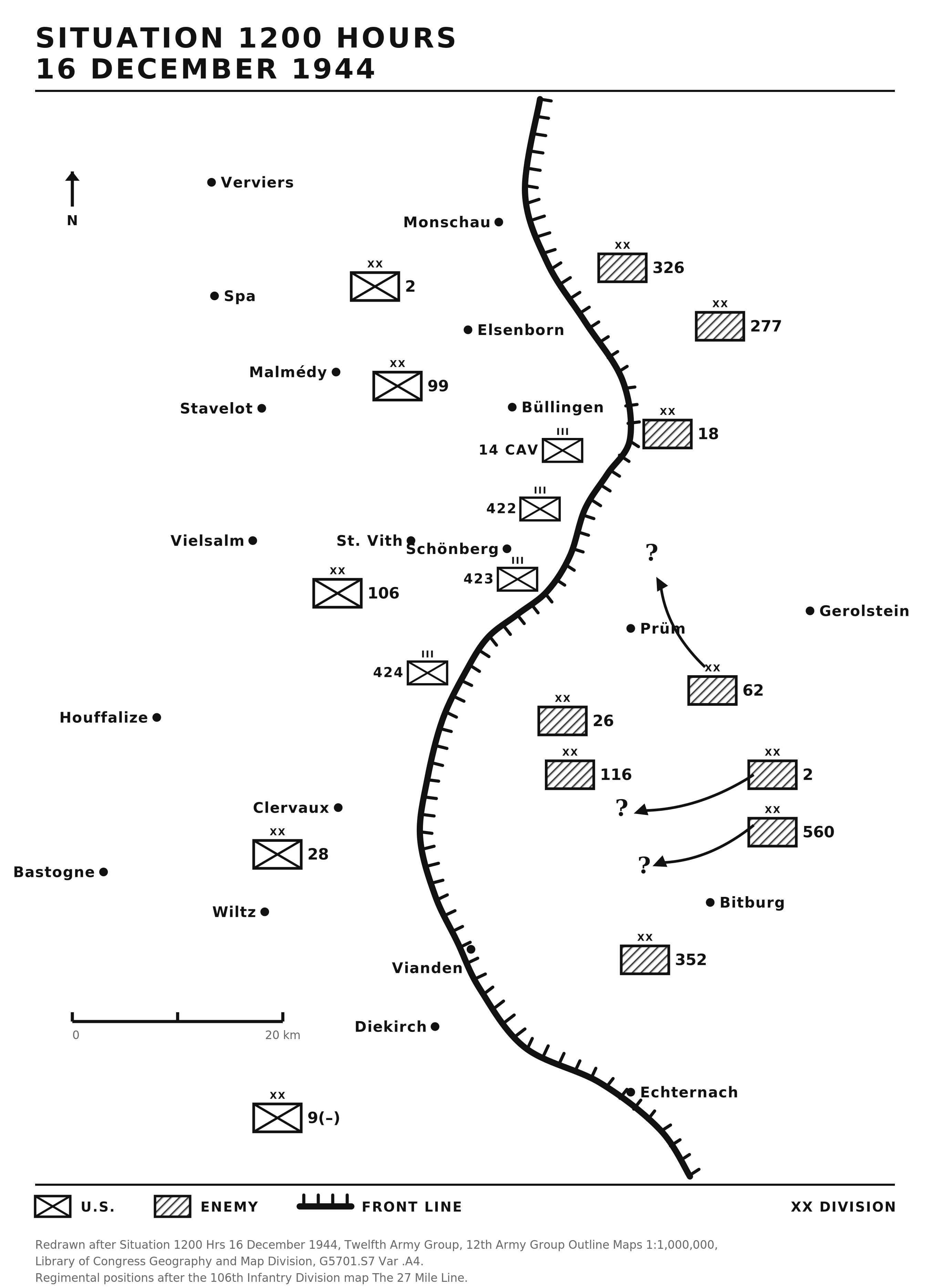 Military situation map for noon on December 16, 1944, showing American and German positions from Monschau south to Echternach, with St. Vith near the center and arrows marking developing German advances.
