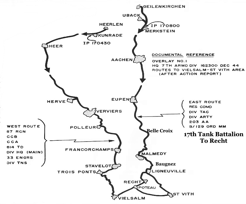 Map of the 7th Armored Division's two routes south to the St. Vith area in December 1944; the 17th Tank Battalion followed the eastern route through Aachen, Eupen, Malmedy, and Ligneuville to Recht.