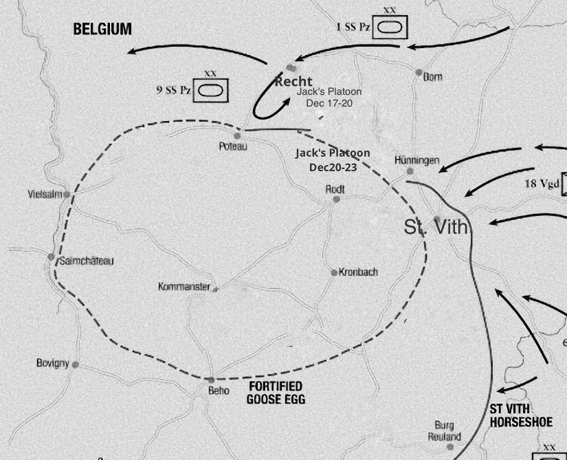 Map of the St. Vith defensive perimeter, the “Goose Egg,” showing German advances around the American positions, with Jack's platoon marked at Recht (Dec 17–20) and near Rodt (Dec 20–23).