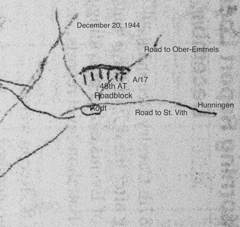 Hand-drawn tactical map dated December 20, 1944, showing the A/17 and 48th AT roadblock near Rodt and roads toward Hünningen, St. Vith, and Ober-Emmels.