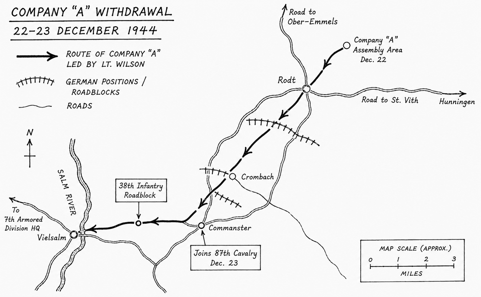 Map of the St. Vith–Rodt–Vielsalm area showing German advances from St. Vith, Task Force Stine positions near Rodt, and Company A's withdrawal route west through Commanster toward Vielsalm.
