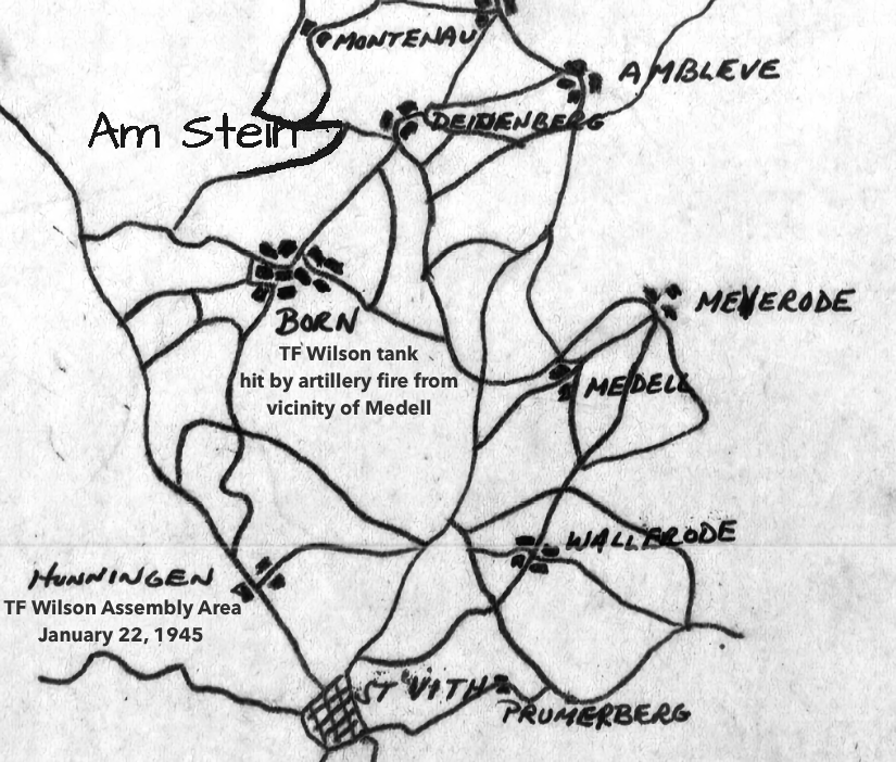 Hand-drawn map of the area north of St. Vith showing Am Stein, Born, Deidenberg, Hunningen, and surrounding roads, with labels marking Task Force Wilson's January 22 assembly area at Hunningen and where a tank was hit by artillery near Born.