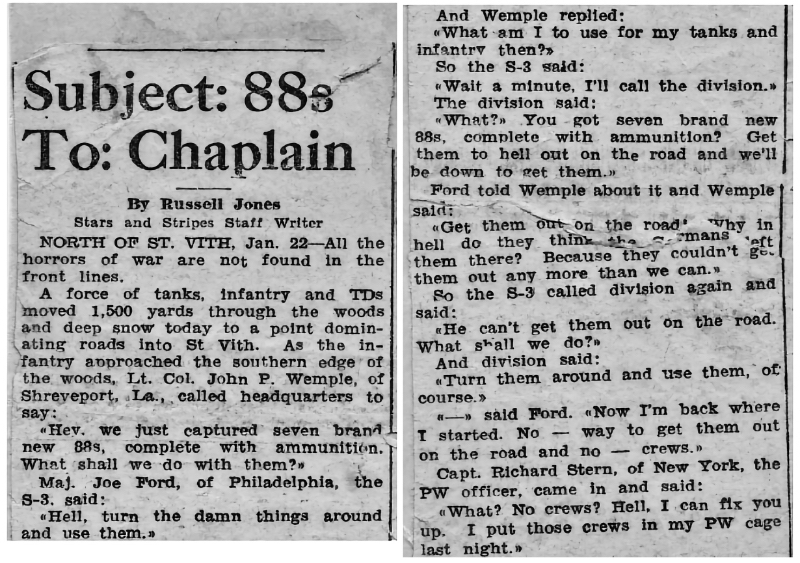 Newspaper clipping from Stars and Stripes headlined “Subject: 88s — To: Chaplain,” reporting how a force of American tanks and infantry captured seven brand-new German 88mm guns north of St. Vith, with a wry exchange about what to do with the captured guns.