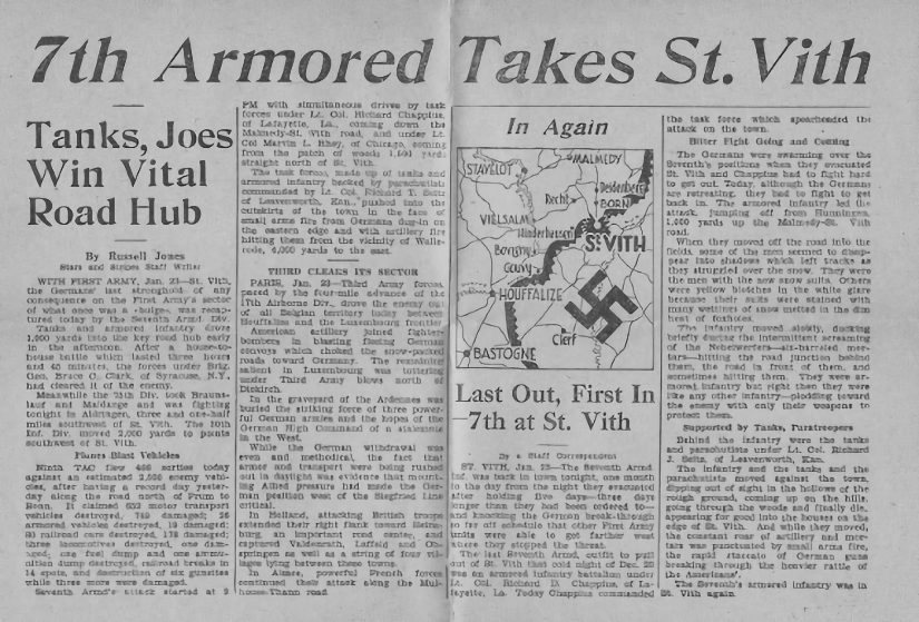 Newspaper page headlined “7th Armored Takes St. Vith — Tanks, Joes Win Vital Road Hub,” with a small map of the St. Vith area marking Malmédy, Vielsalm, and Bastogne, and a boxed feature titled “Last Out, First In — 7th at St. Vith.”