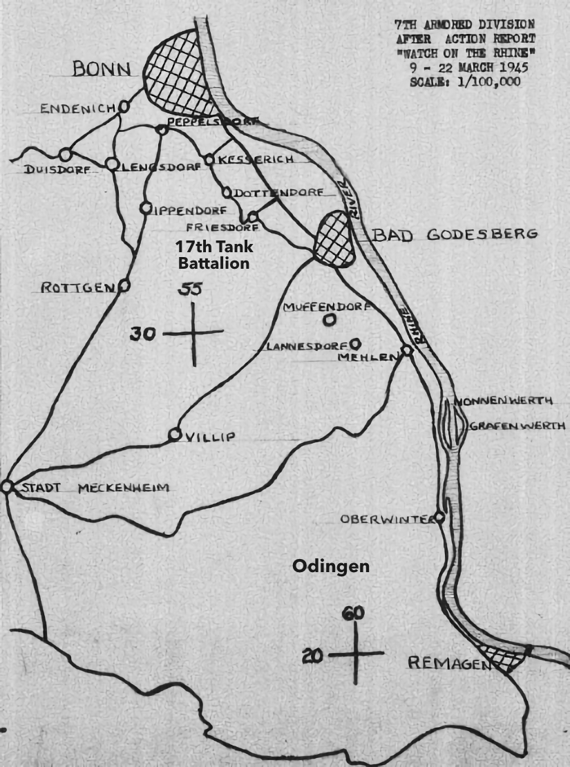 After-action map of the Rhine west bank from Bonn south to Remagen, with towns and roads including Meckenheim, Bad Godesberg, and Remagen; labels mark the 17th Tank Battalion area southwest of Bonn.