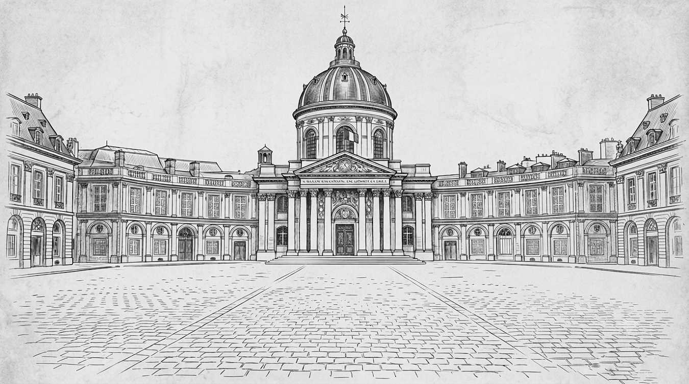 Black-and-white architectural illustration of the University of Paris: a symmetrical courtyard and classical academic buildings around a large domed central structure.