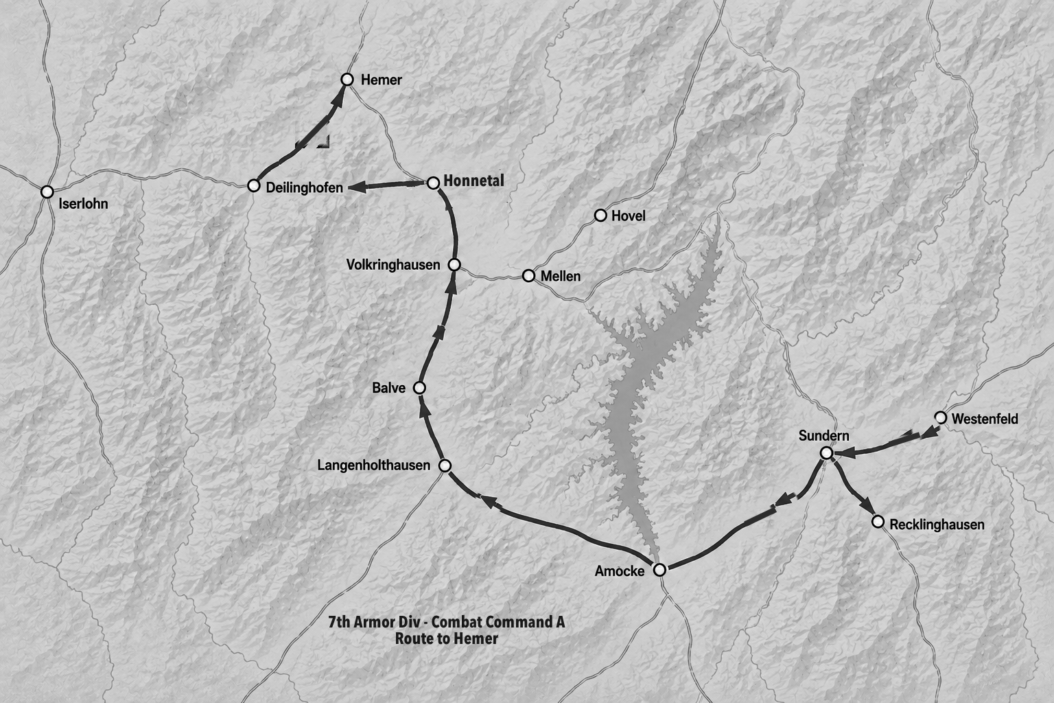 Map of the 7th Armored Division's Combat Command A route through the Ruhr Pocket from the Sundern area west through Amecke, then north through Balve and Hönnetal to Hemer.