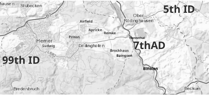 Map showing Hemer surrounded by the converging 7th Armored, 99th Infantry, and 5th Infantry Divisions during the closing of the Ruhr Pocket.