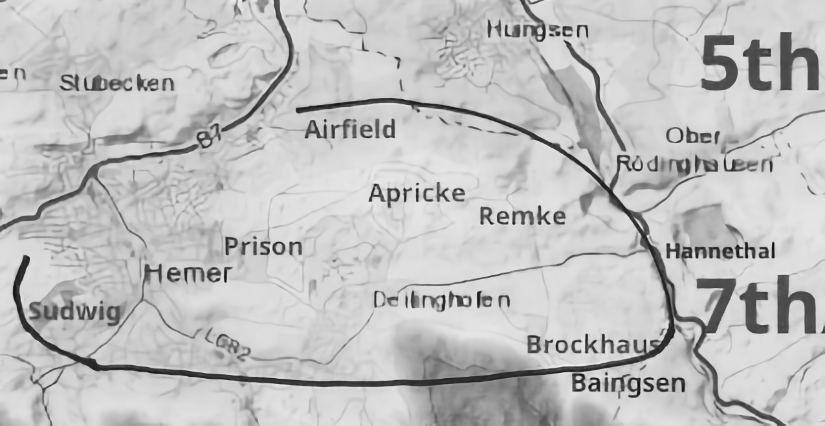 Detailed map of Hemer and surrounding towns showing the 7th Armored Division east of the city, the 99th Infantry Division to the west, and the route around Hemer during the final assault.